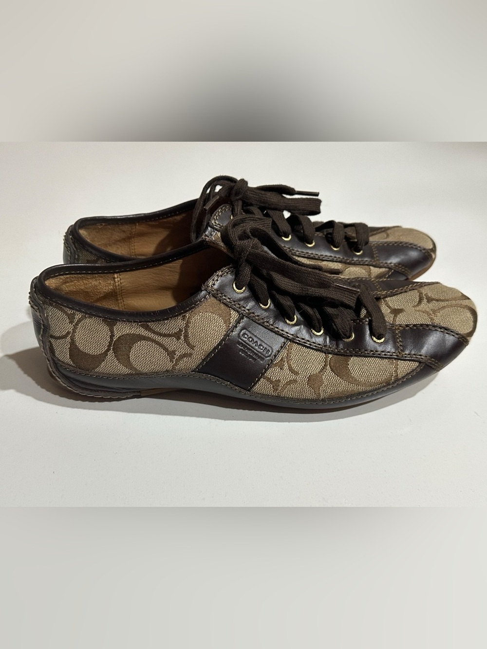 Coach Suee Signature Sneaker/Driving Shoe Brown Leather Tan Canvas Women's 8B